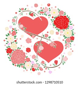  Color Valentine's Day card. Two hearts surrounded by climbing roses, garlands of flowers.                              