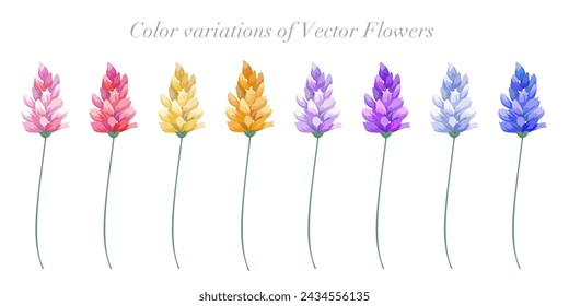 Variación de color de las flores. Ilustración vectorial.