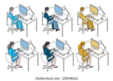 Color variation man and woman working with Compute, sitting in their desks.