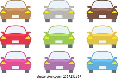 A color variation set of illustrations that simply draw a compact car from the front