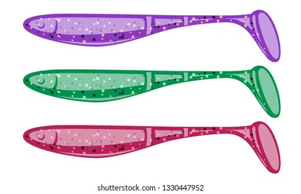 Color varieties of soft plastic paddletail baits. Scented and salted silicone bait lures for catching bass, pike, perch, zander and other predatory fish.