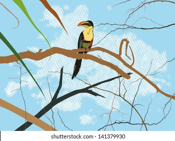 A color vector, abstract, artistic illustration of a bird - toucan, who sitting on a tree branch. Can be used as a poster or a nature theme background.