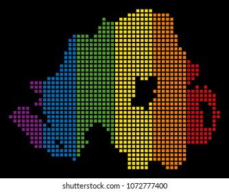 Color vector abstract collage of Northern Ireland Map designed of rounded square dots. Vector homosexual tolerance geographic map in LGBT flag color hues on a black background.