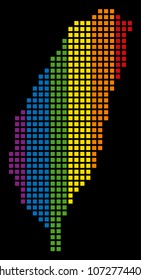Color vector abstract composition of Taiwan Island Map made of rounded square pixels. Vector homosexual tolerance geographic map in LGBT flag color shades on a black background.