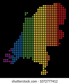 Color vector abstract concept of Netherlands Map organized of rounded square pixels. Vector homosexual tolerance geographic map in LGBT flag color tones on a black background.