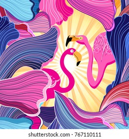 Color vector abstract pattern with pink flamingo