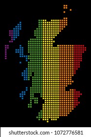 Color vector abstract pattern of Scotland Map constructed of rounded square dots. Vector homosexual tolerance geographic map in LGBT flag color tones on a black background.