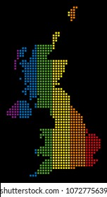 Color vector abstract pattern of United Kingdom Map done of rounded square pixels. Vector homosexual tolerance geographic map in LGBT flag color hues on a black background.