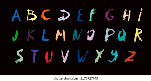 Alfabeto vector de color. Conjunto de fuentes caligráficas de pincel dibujadas a mano sobre fondo negro. Alfabeto brillante de textura de brocha gruesa. Enfermedad. ACV de pluma texturizada moderna