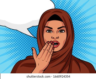 Color vector in arabic style pop art comic girl surprised. Beautiful woman in a traditional Islamic shawl on her head in shock. Muslim woman with an amazed expression face over halftone background