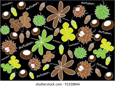 color vector background with autumn motive, icons and text isolated on black background