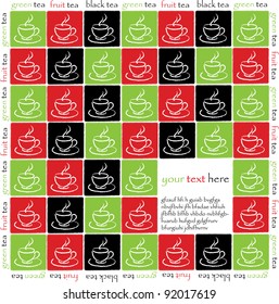 color vector background made of squares with three different kinds of tea, green tea,fruit tea and black tea and place for your text