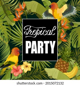 Color vector banner with parrots.Tropical plants and parrots in color vector illustration with text.