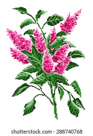 Color vector bouquet of flowers (pink bloom of lilacs) using traditional Ukrainian embroidery elements. Can be used as pixel-art. 