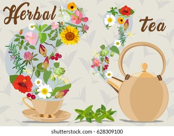 Color vector card with cup, teapot and herbal additives in tea on the background of tea leaves. Herb tea.