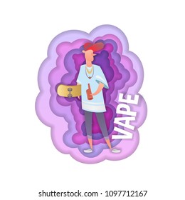 Color vector cartoon character smokes a vape. Background isolated abstract colored smoke. Paper art and digital craft style.Hipster guy modern character
