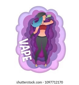 Color vector cartoon character smokes a vape. Background isolated abstract colored smoke. Paper art and digital craft style.Hipster girl modern character