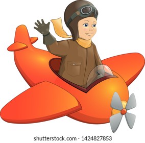 Color vector cartoon joyful boy pilot flying toy plane flight helmet