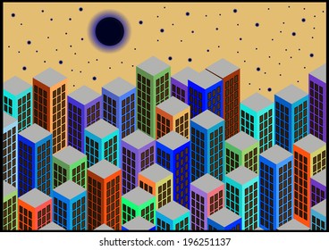 color vector cartoon skyscrapers by night