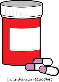 Color vector cartoon style illustration blank label pill bottle and pills  label   cap drawing icon logo template easy to edit