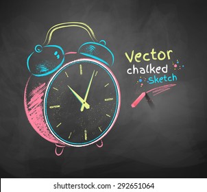 Color Vector Chalkboard Drawing Of Alarm Clock. 