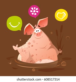 Color vector character of Big fat happy smile dirty pig in dirt swamp mud