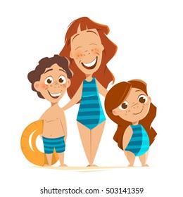 Color vector character illustration of happy mother with her kids on summer vacation