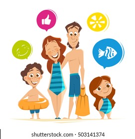 Color vector character illustration of happy smile healthy family on summer vacation