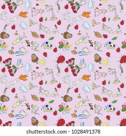 color vector childrens seamless pattern in the style of sketch elements for design nature Pets plants kids boy girl nature is isolated purple background
