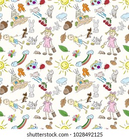 color vector childrens seamless pattern in the style of sketch elements for design nature Pets plants kids boy girl nature is isolated white background