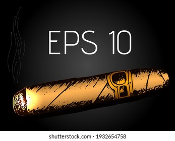 Color vector cigar in sketch style. A large smoking tobacco cigar. Stock illustration of nicotine advertisement for the rich. Element in hand drawing style.