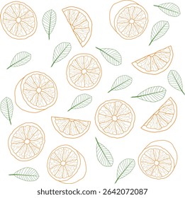 color vector citrus pattern, orange slices and fresh green leaves outline illustration isolated on white background	