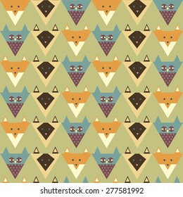 color vector clip art, print, pattern with stylized fox, owl, cat, for design
