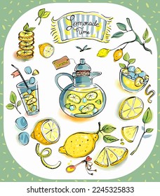 Color vector clipart from the Lemonade set. Lemons, drinks, lemon pattern, twigs and fresh drinks.