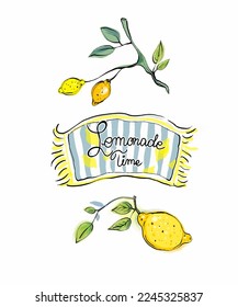Pieza de vector de color del conjunto de Lemonade. Limones, bebidas, limón, ramas y bebidas frescas.