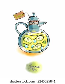 Pieza de vector de color del conjunto de Lemonade. Limones, bebidas, limón, ramas y bebidas frescas.