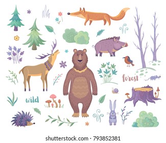 Color vector collection of a fairy forest. Beautiful forest animals, trees and other plant elements. Simple stylish graphics for children's design