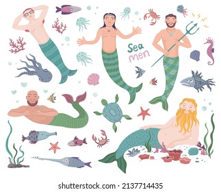 Color vector collection with underwater world and mermaid men