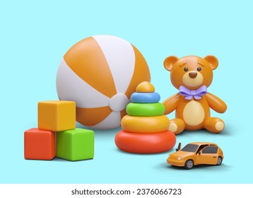 Composición de los vectores de color en estilo de dibujos animados. Concepto de juguete para niños. Cubos, pirámide, bola, auto, osito de peluche. Ilustración realista sobre fondo azul