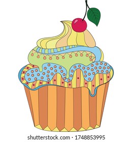 color vector cupcake on a white background. Hand drawn cupcake with cherries