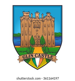 Color vector designs illustrated an Irish castle and flag of Ireland on a shield,Glin castle