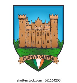 Color vector designs illustrated an Irish castle and flag of Ireland on a shield, Clonyn castle