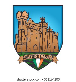 Color vector designs illustrated an Irish castle and flag of Ireland on a shield , Ashford castle
