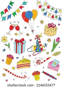 Color vector doodle illustrations of elements for a holiday, party, birthday isolated on a white background. A set of decorations and items for a celebration
