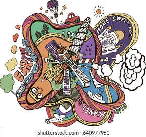 
Color vector doodle. Planet Earth in a cartoon style. For postcards, coloring pages. Earth doodle.