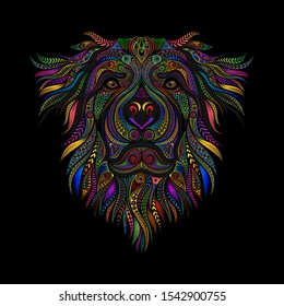 Color vector drawing of a dog from patterns on a black background