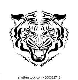 Color vector drawing of the head of a tiger with the opened mouth.