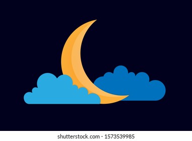 Color vector drawing of a quarter moon in the clouds on the night dark blue sky.