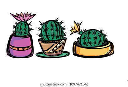 A color vector drawing of three stylized cactuses.