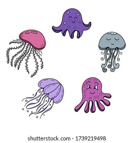 color vector element, black and white drawing of a marine inhabitant, doodle coloring, cute sea jellyfish, octopus